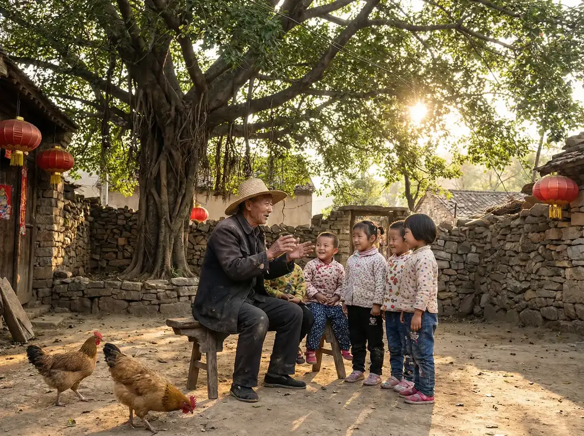 老人在大榕树下给孩子们讲故事 - 贱母狗 乡村记忆